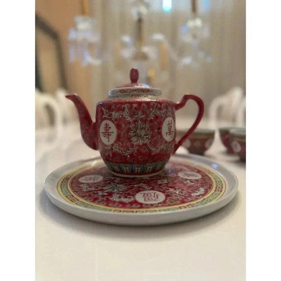 Chinese Wan Shou Wu Jiang Red Enamel Tea Set - Picture 2 of 9